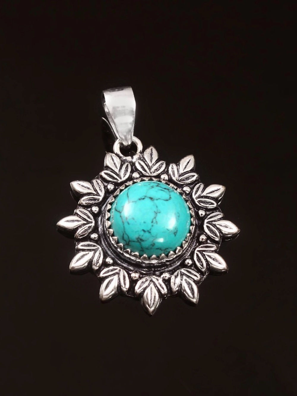 Handmade Sterling Silver Turquoise Flower Pendant - Picture 2 of 3